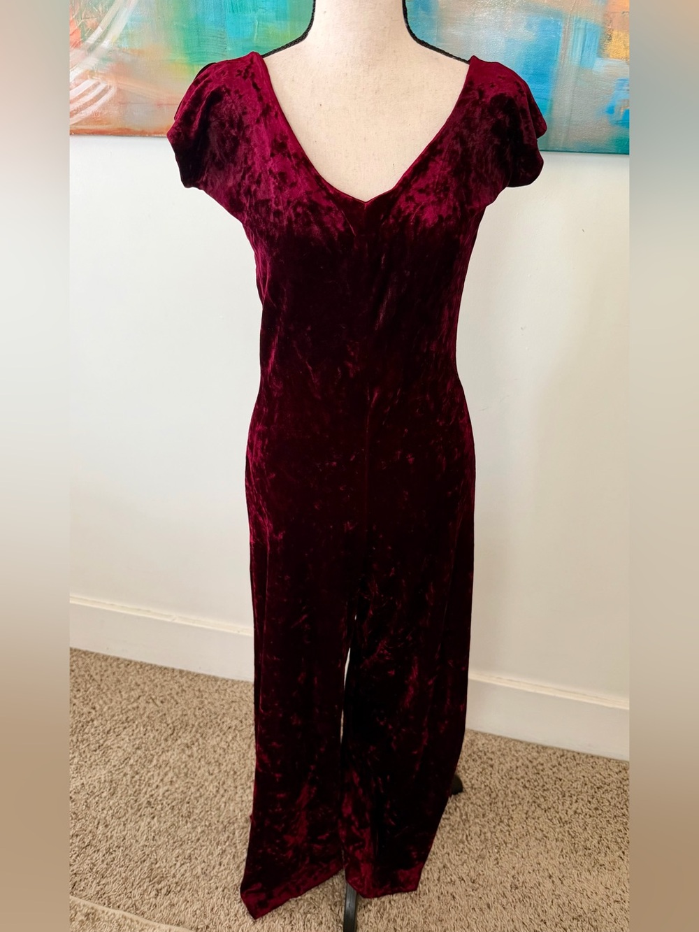 Vintage Rare Betsey Johnson Awesome Burgundy Crushed Velvet Wide Leg Jumpsuit